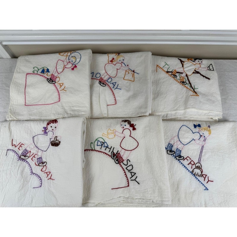 Vintage Hand Embroidered Days of the Week Flour Sack Tea Towels Set of 6 White